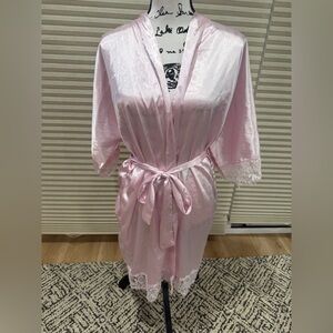 Pink Satin Robe with Lace Trim